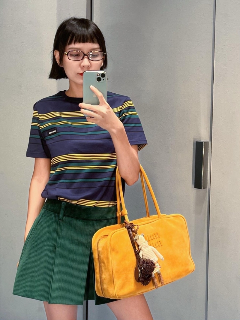 Miu Miu 26SS Early Spring Collection Striped Crew Neck Short Sleeve T-Shirt in Navy Blue, Dark Green, and Bright Yellow