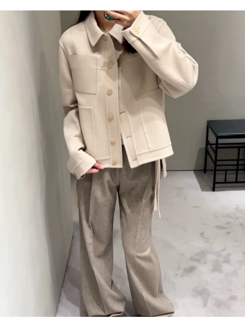 Loewe Wool-Blend Utility Jacket in Beige | Tailored H-Line Silhouette with Leather Accents