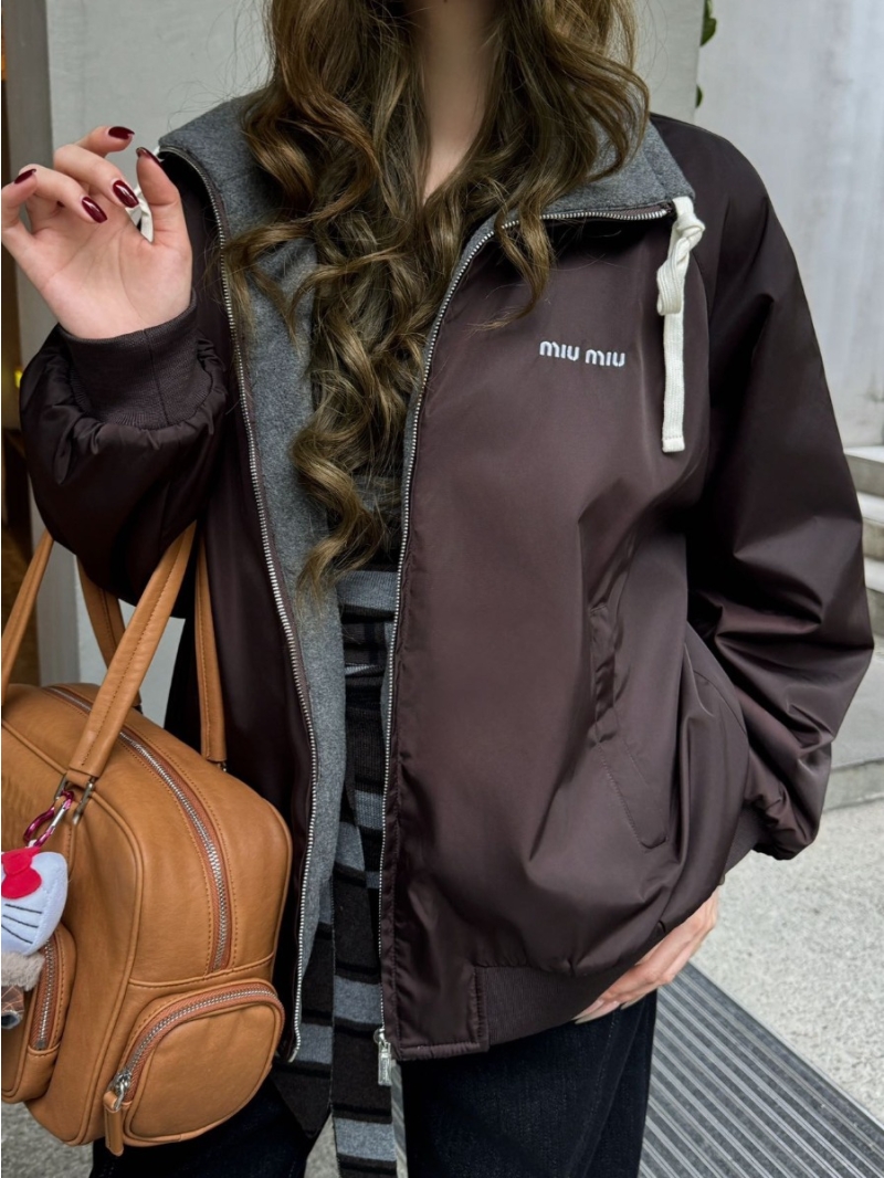 Miu Miu Reversible Bomber Jacket in Brown and Grey, Crafted from Recycled Nylon and Plush Space Fleece