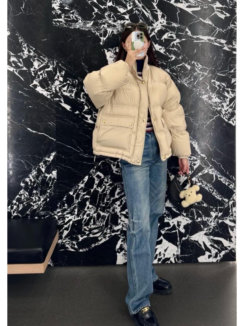 Celine Exquisite Wool-Ribbed 90% White Duck Down Puffer Jacket with Arc de Triomphe Embroidery