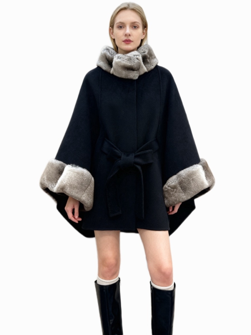Loro Piana Sumptuous Double-Sided Cashmere and Wool Cape Coat with Chinchilla Blue Fur Trim