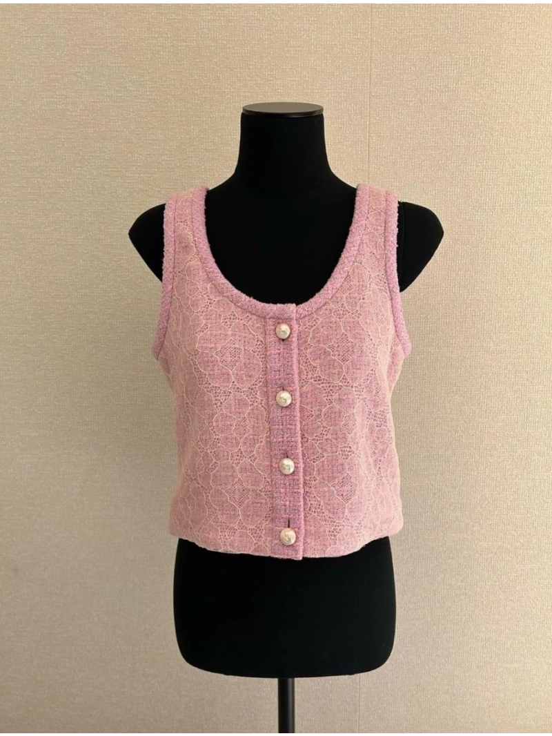 Chanel Pink Tweed and Lace Vest - Coco Girl 25B Collection, Short Cropped H-Line, Pearl Buttons