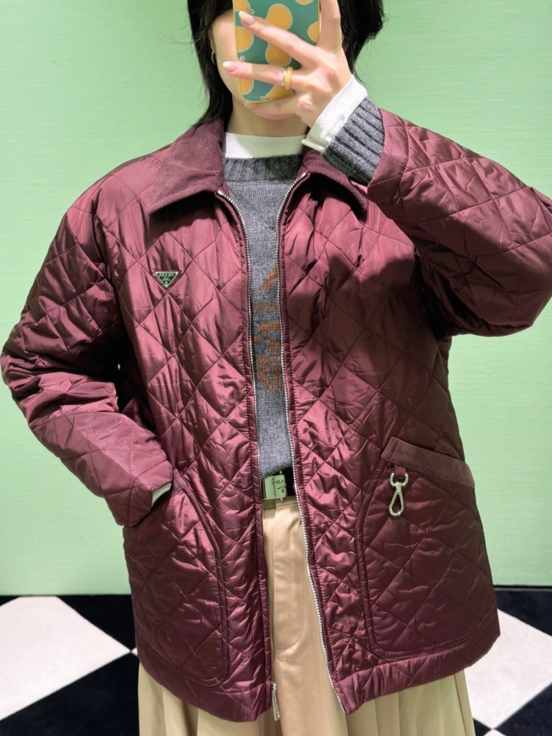 Prada Quilted Reversible Padded Jacket in Maroon & Navy, Diamond Stitch, Corduroy Collar, Versatile Luxury Outerwear