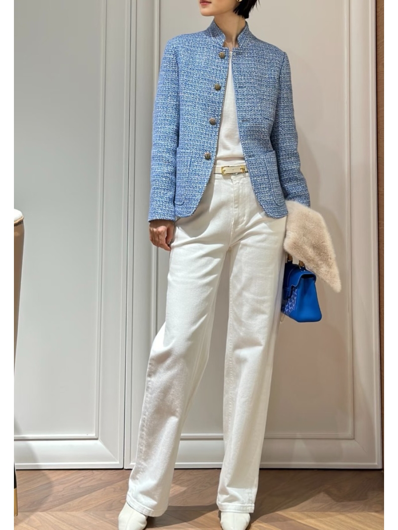 Loro Piana Blue Danube Woolen Tweed Jacket - Hand-Stitched Stand Collar - Blue & White