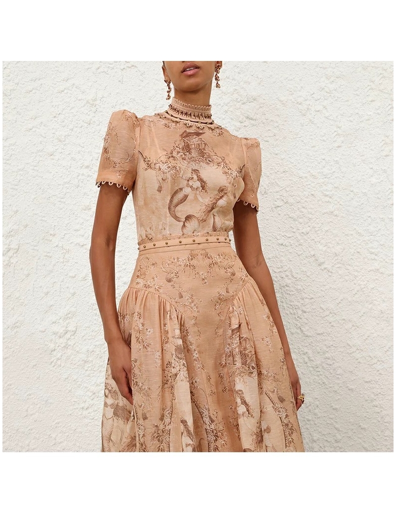 Zimmermann Silk-Linen Mermaid Print Blouse | Couture Beadwork & Camisole | Sepia Print