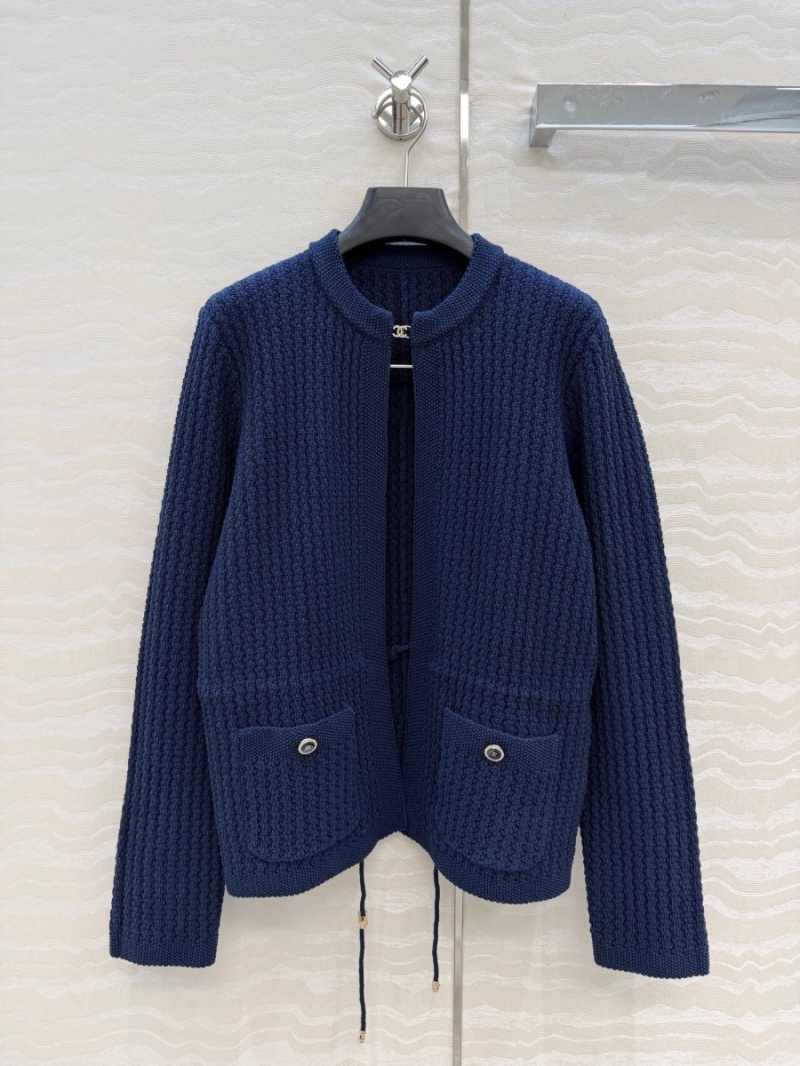 Chanel Opulent Wool Knit Cardigan Jacket - Sapphire Blue, Rhinestone Clasp, Adjustable Fit