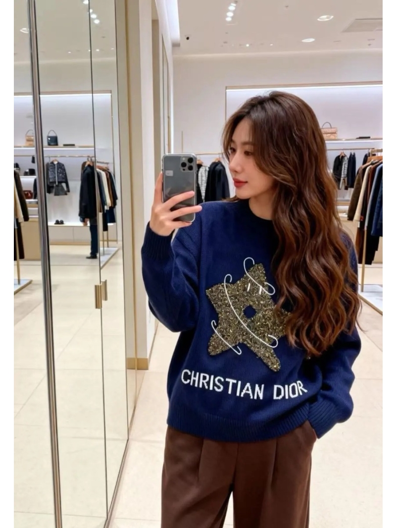 Dior Festive Star Embellished Navy Blue Knit Sweater