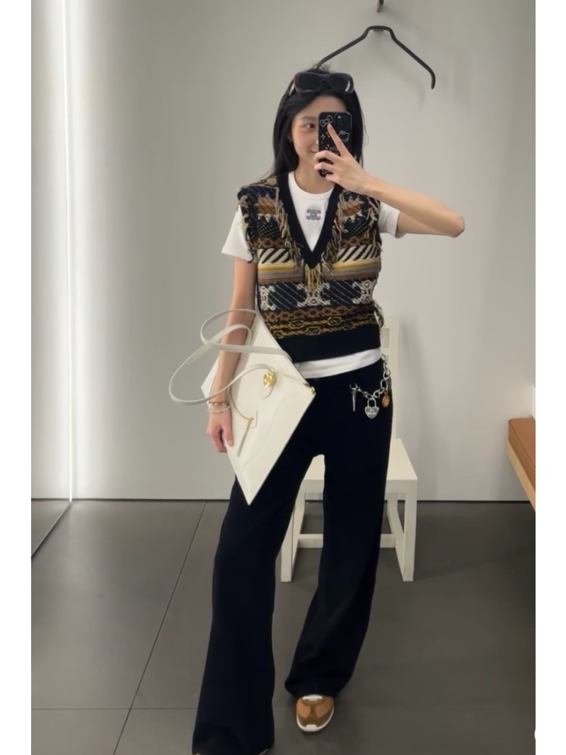 Celine Triomphe Fringed Jacquard Cashmere Vest in Black Multi