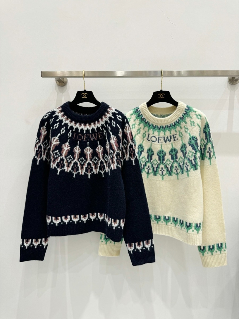 Loewe Sequin Fair Isle Round Neck Wool Sweater - Ivory Cream and Forest Green, Signature Logo Knit, Relaxed Fit Luxury Knitwear