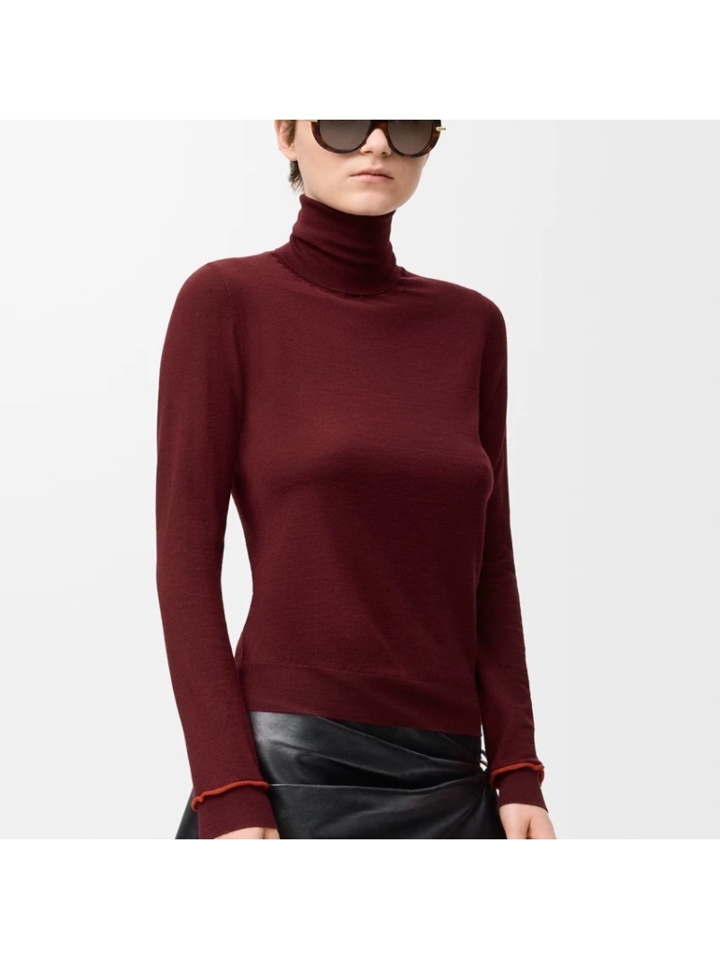 Loewe Burgundy Fine-Knit Wool Turtleneck Sweater with Signature Contrast Stripe