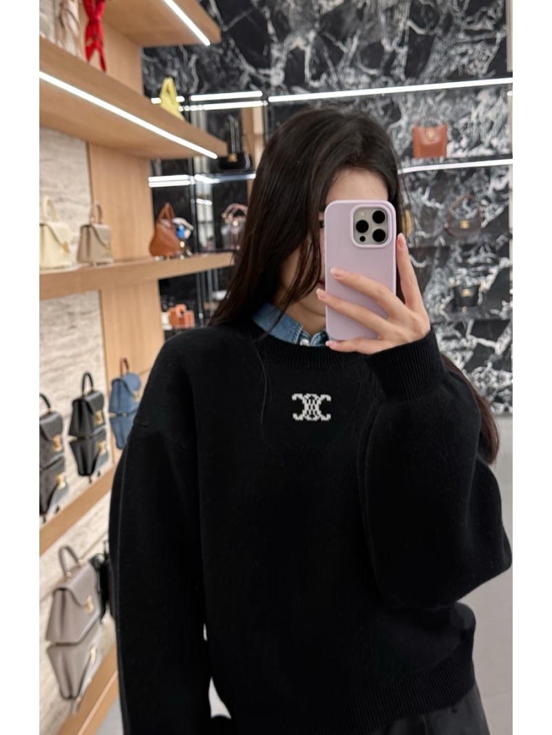 Celine Triomphe Logo Cashmere & Wool Knit Pullover Sweater in Black