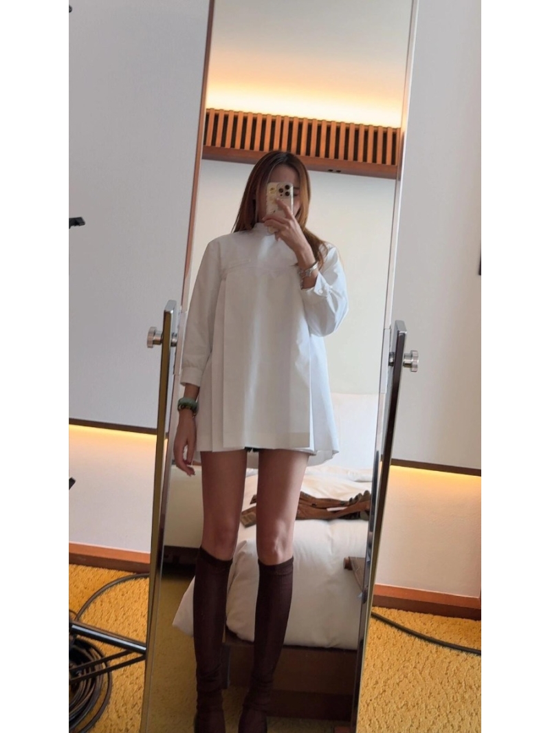 Miu Miu Cotton Poplin Voluminous 3/4 Sleeve Blouse - White