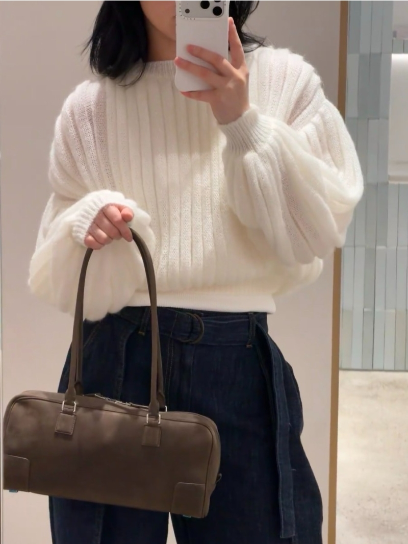 Loewe Sumptuous Mohair Ribbed Lantern Sleeve Sweater in Ivory