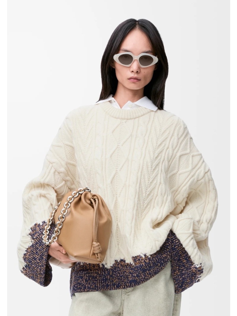 Loewe Oversized Chunky Cable-Knit Sweater in Cream and Navy