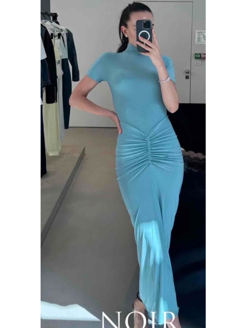 Alaïa Ruched High-Neck Short-Sleeved Sculptural Maxi Dress in Turquoise