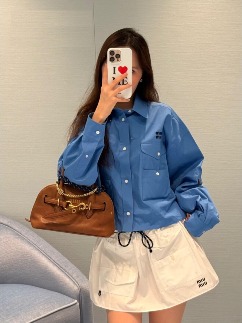 Miu Miu Klein Blue Poplin Cropped Utility Shirt - Signature Logo and Multi-Pocket Design