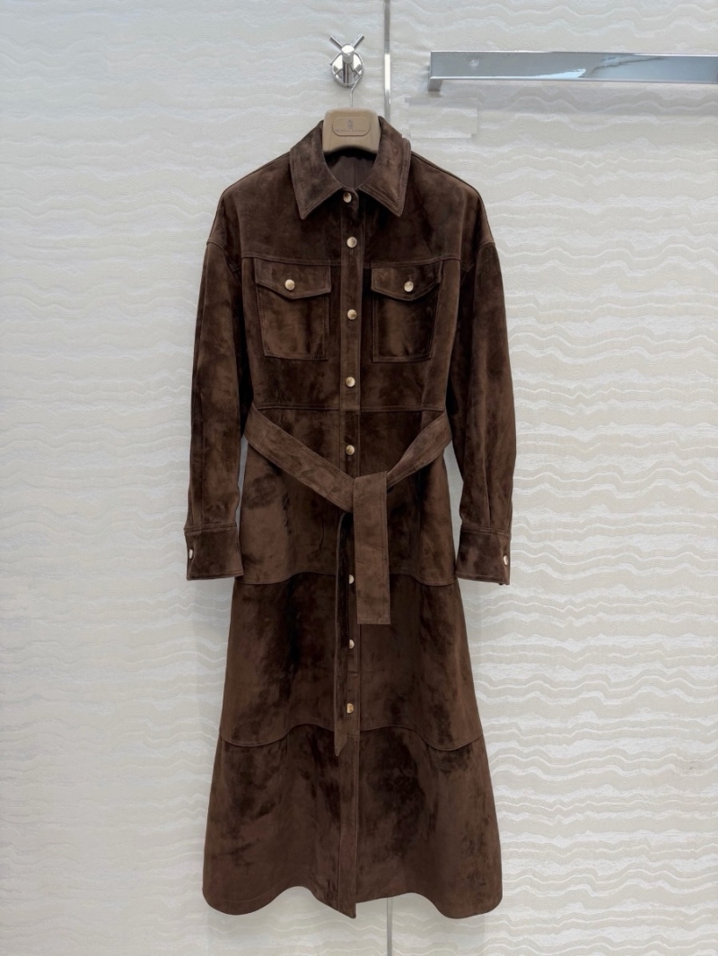 Brunello Cucinelli 100% Imported Suede Lambskin Long Utility Coat in Dark Coffee