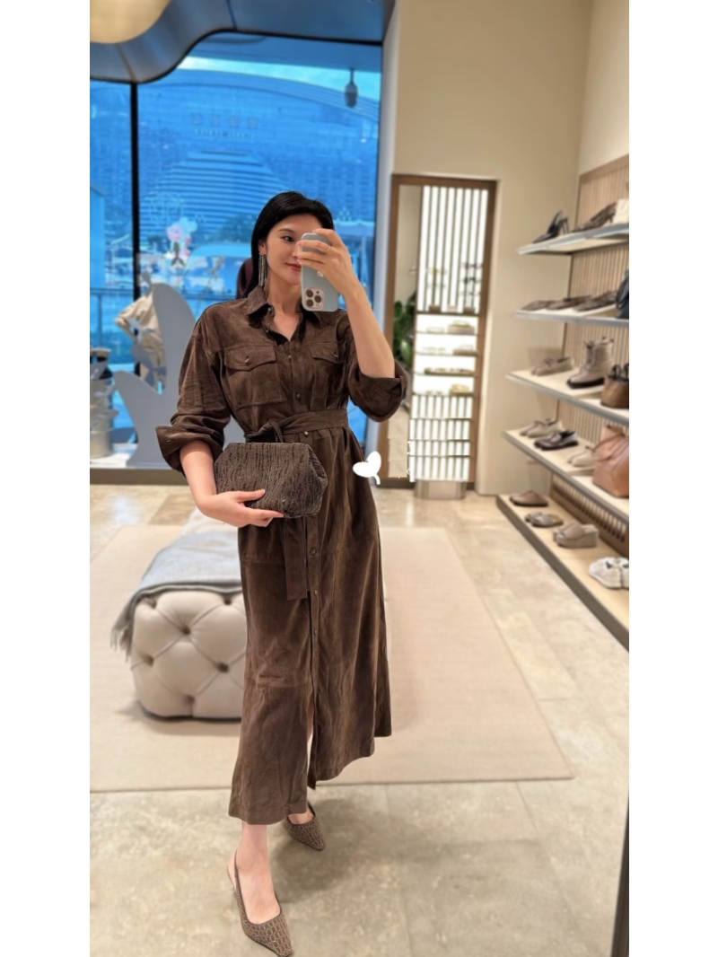 Brunello Cucinelli 100% Imported Suede Lambskin Belted Long Coat in Light Coffee