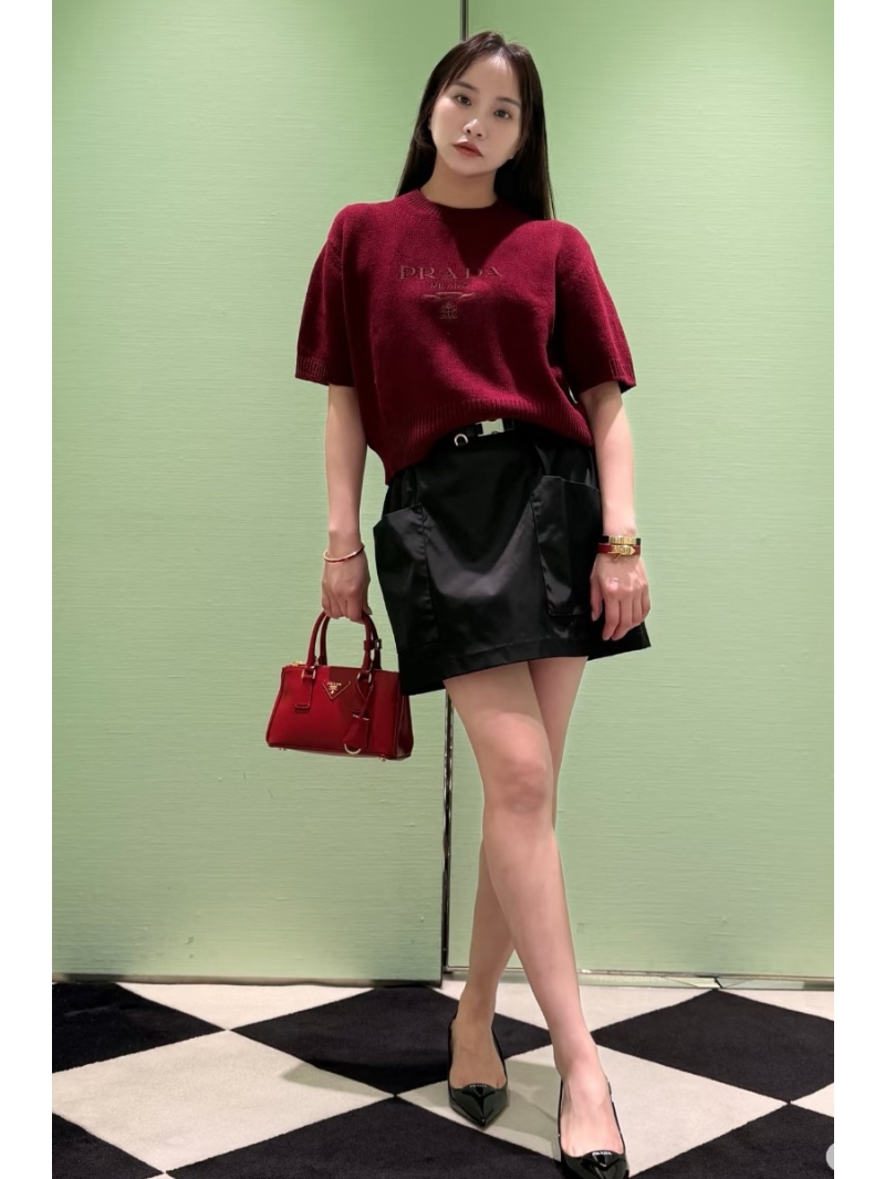 Prada Signature Tonal Logo Cropped Knit Short Sleeve Sweater in Berry Wine Red