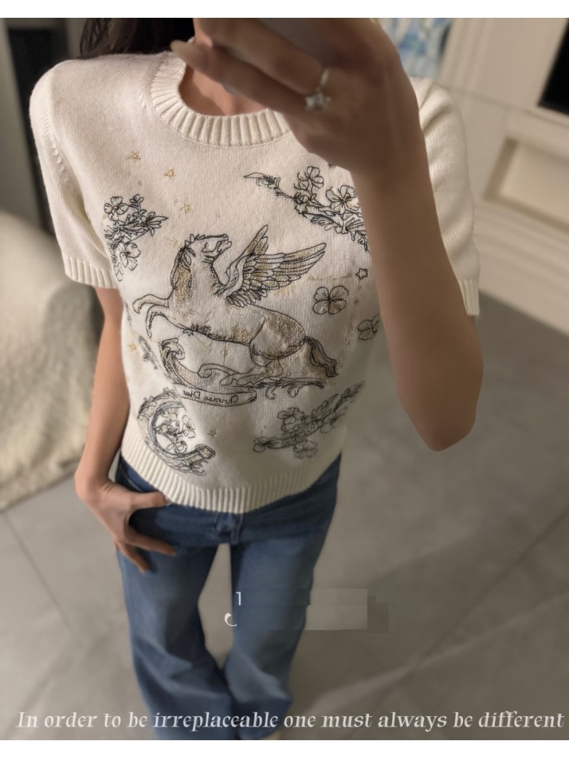 Christian Dior Pegasus Print Fine-Gauge Knit Short-Sleeved Top - White
