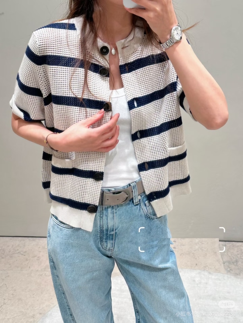 Brunello Cucinelli Exquisite Italian Yarn Hollow-Out Striped Knit Short-Sleeve Cardigan