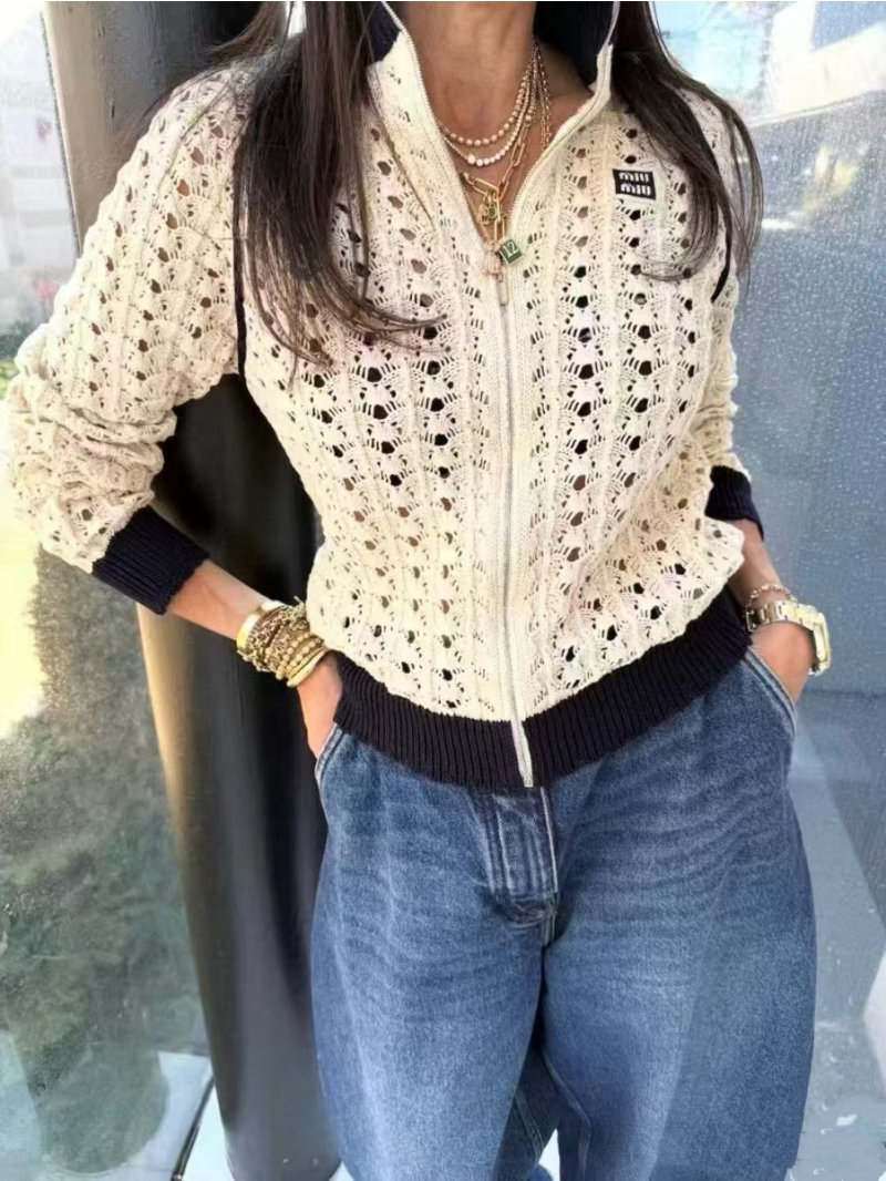 Miu Miu Scalloped Pointelle Knit Zip-Up Jacket in Cream