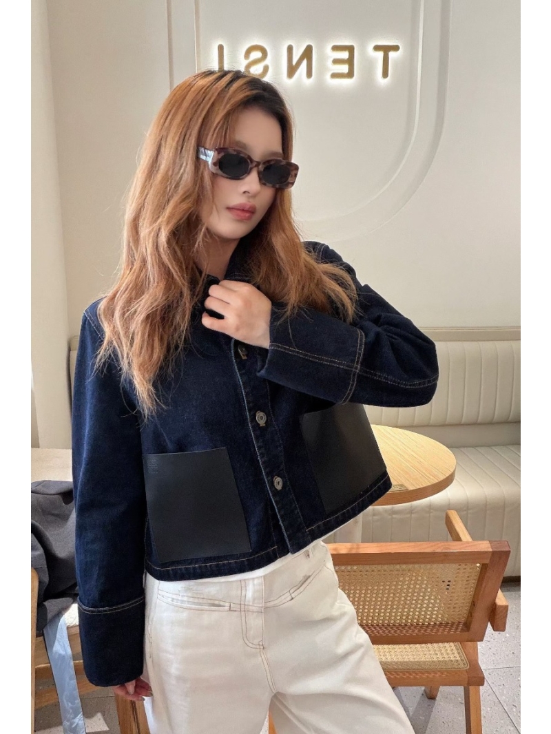 Loewe Structured Imported Washed Denim Cropped Jacket with Signature Patch Pockets in Dark Indigo