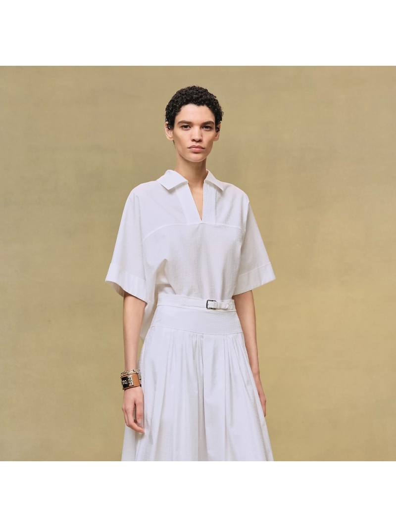 Hermes Signature Pure Cotton Jacquard High-Low Shirt and Pleated Midi Skirt Set