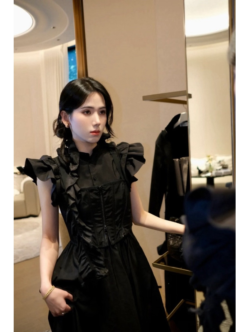 Dior Cotton Poplin Ruffle Stand Collar Maxi Dress in Black