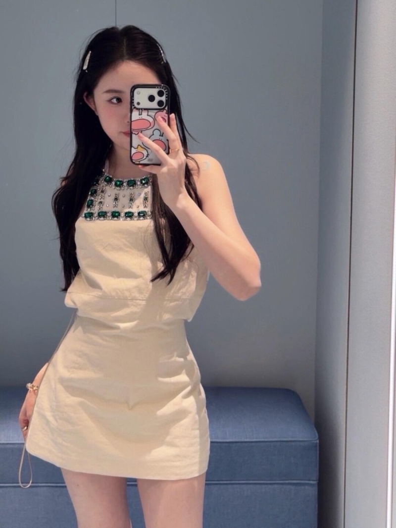 Miu Miu Embellished Jewel A-Line Mini Dress in Ivory