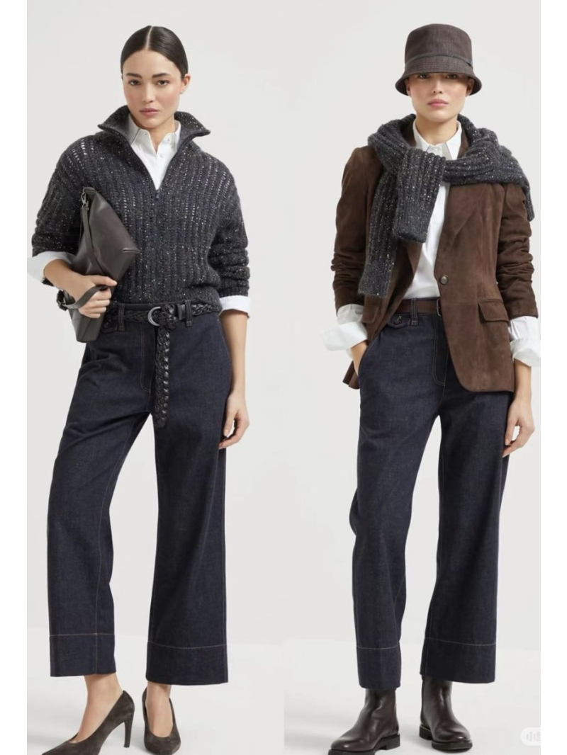 Brunello Cucinelli Dark Indigo Workwear Denim Wide-Leg Cropped Jeans