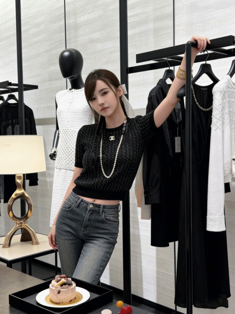 Chanel Sequin-Embellished Iridescent Knit Top in Black with Signature CC Logo