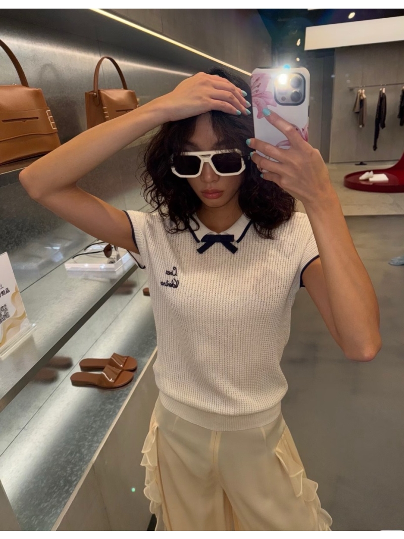 Valentino Cotton Viscose Pointelle Knit Peter Pan Collar Short Sleeve Sweater in Cream and Navy Trim