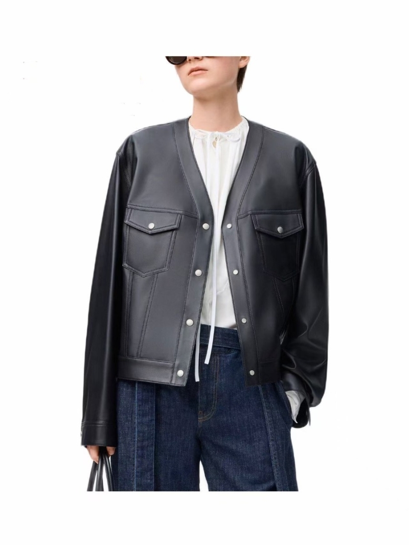 Loewe Signature Minimalist 100% Lambskin Leather V-Neck Jacket in Classic Black