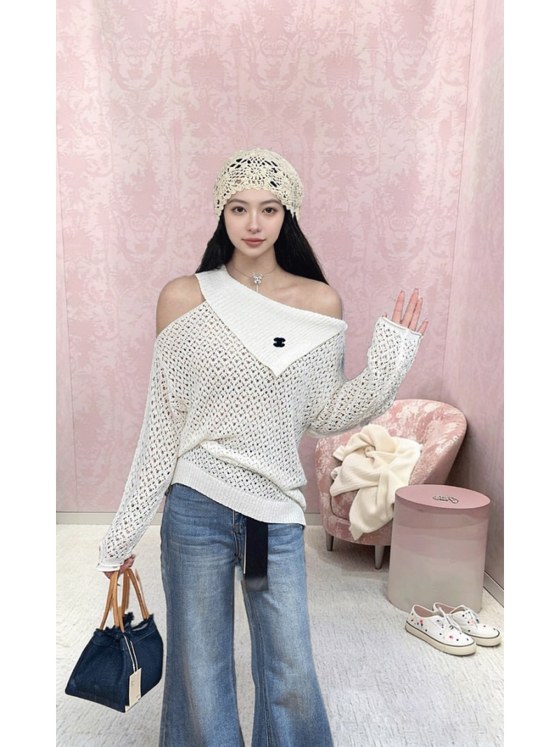 Chanel Asymmetrical One-Shoulder Pointelle Knit Sweater in Ivory