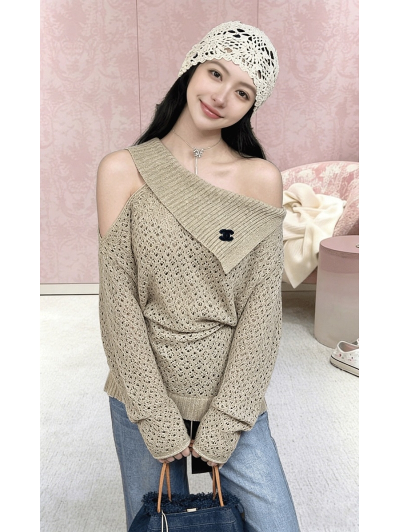 Chanel Asymmetrical Cold-Shoulder Pointelle Knit Sweater in Sage Khaki