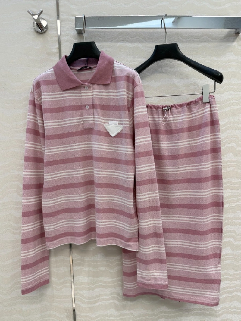 Prada Imported Piqu&eacute; Cotton Striped Intellectual Chic Long-Sleeved Polo Shirt in Pink and White