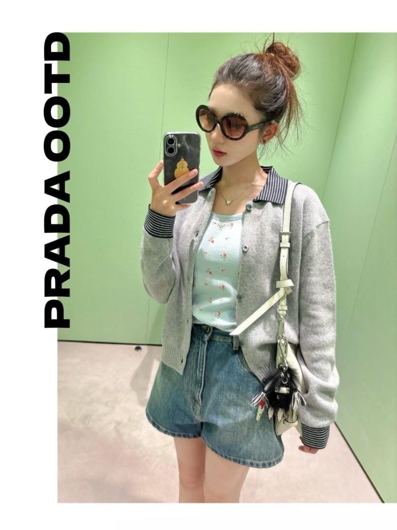 Prada Striped Patchwork Knit Cardigan in Light Heather Grey - Exquisite Polo Collar Short Sweater