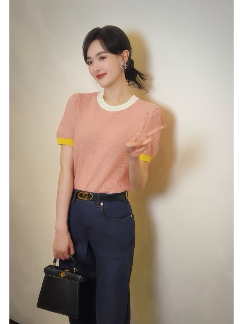 Fendi FF Monogram Silk-Cotton Knit Top with Contrast Trim in Pink and Yellow