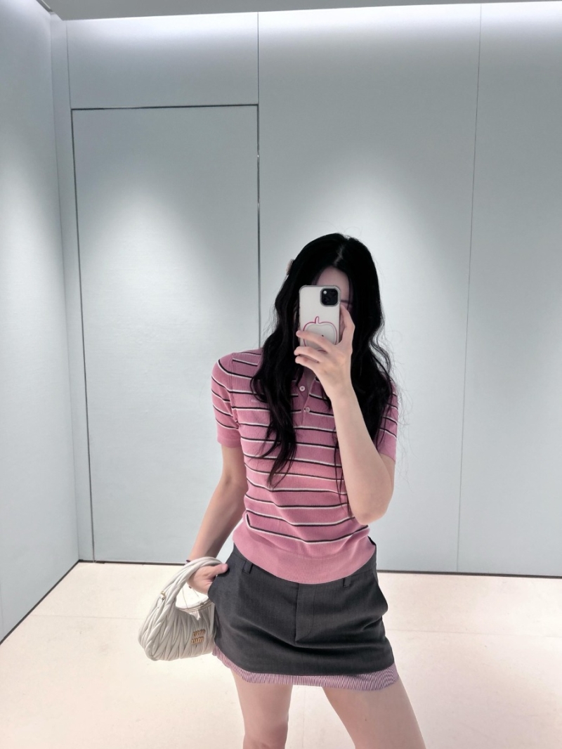 Miu Miu Striped Cotton Polo Knit Sweater in Bubblegum Pink