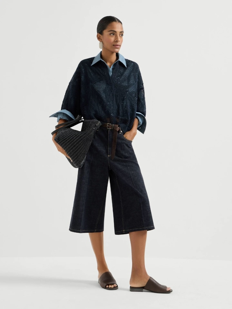 Brunello Cucinelli Vintage Wash Raw Denim Straight-Leg Tailored Culottes in Indigo