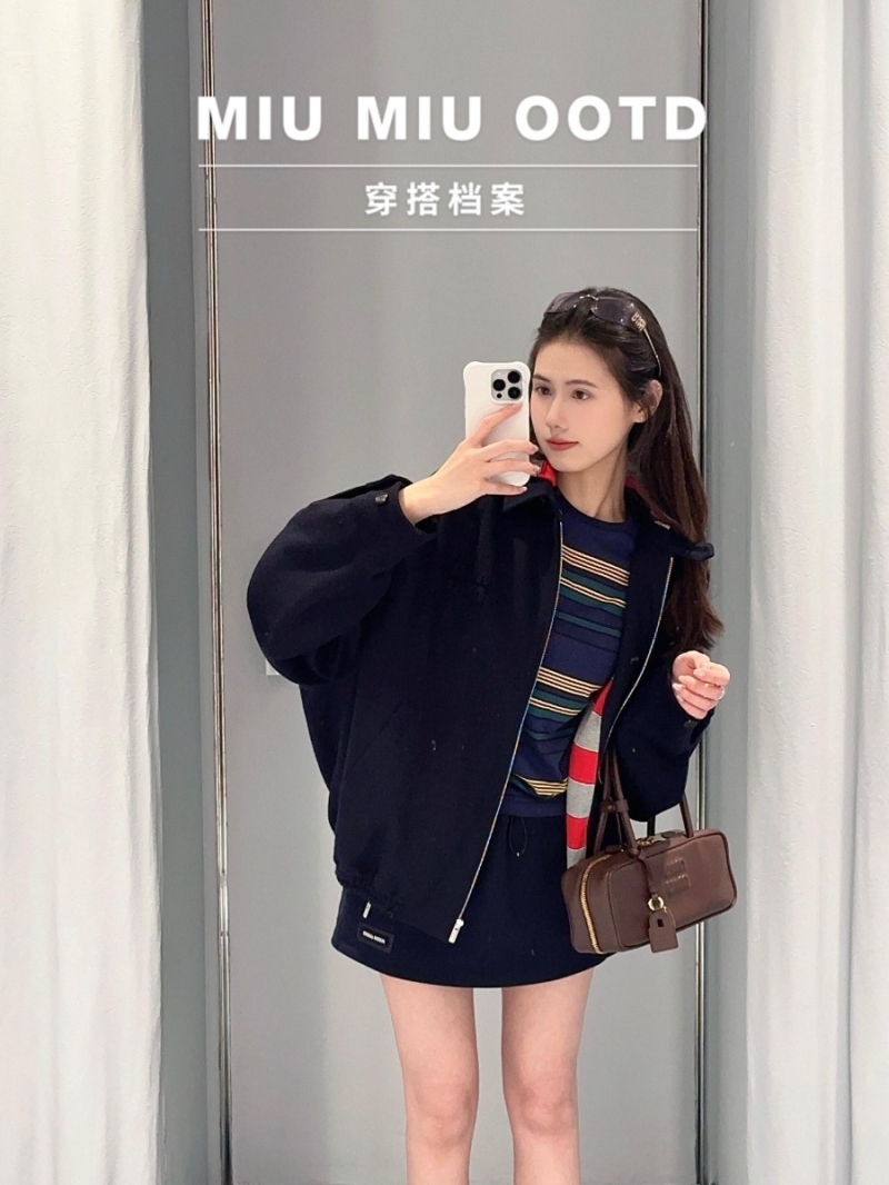 Miu Miu Detachable Hooded Wool Bomber Jacket in Navy Blue - 26Ss Spring/Summer Collection