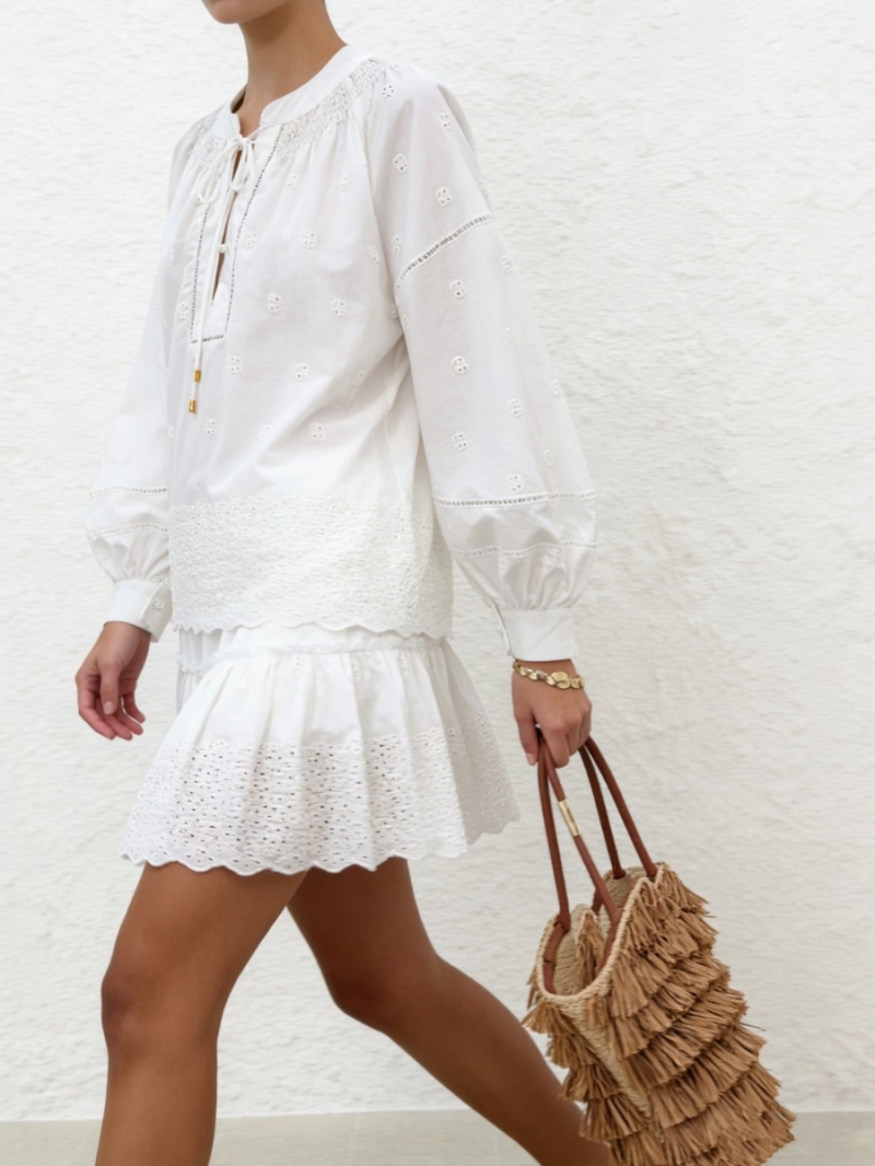 Zimmermann Pure Cotton Eyelet Embroidery Tiered Mini Skirt in White