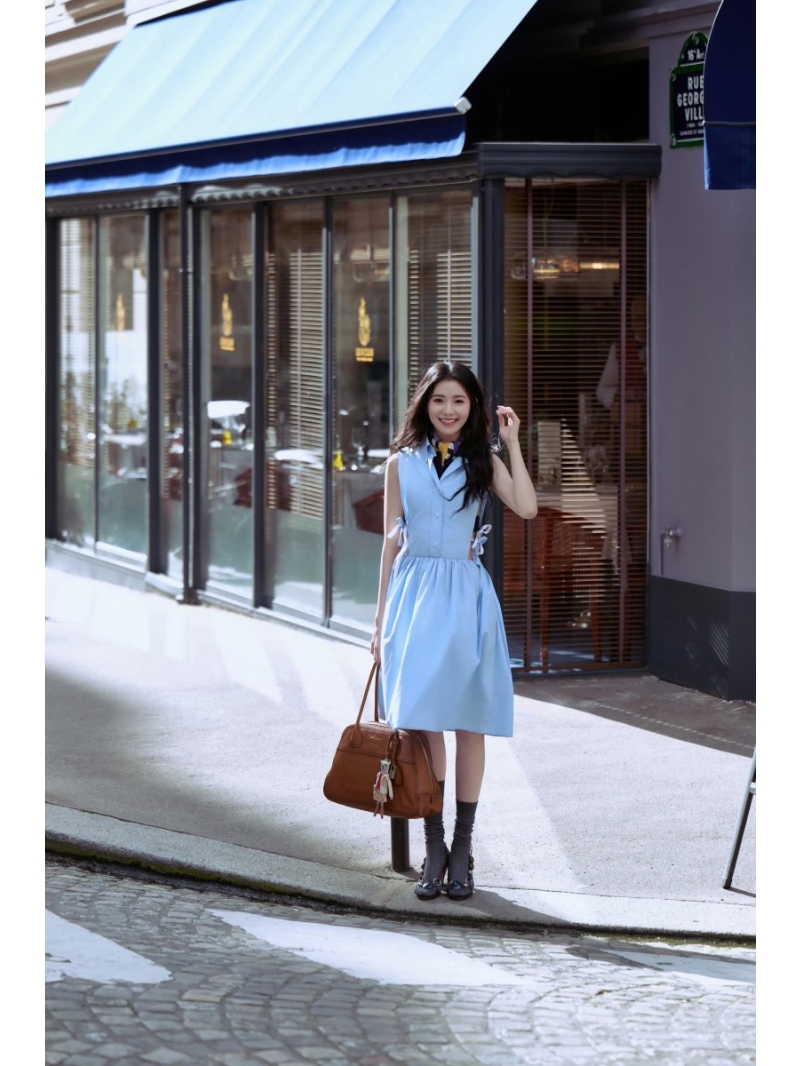Miu Miu Sleeveless Cut-Out Waist Cotton Poplin Shirt Dress in Baby Blue