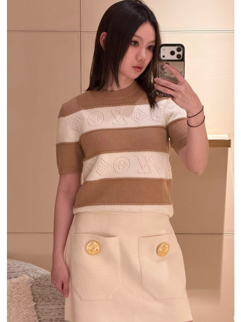 Louis Vuitton Nautical Striped Monogram Knit Top - Wool & Cashmere Short Sleeve - Camel White