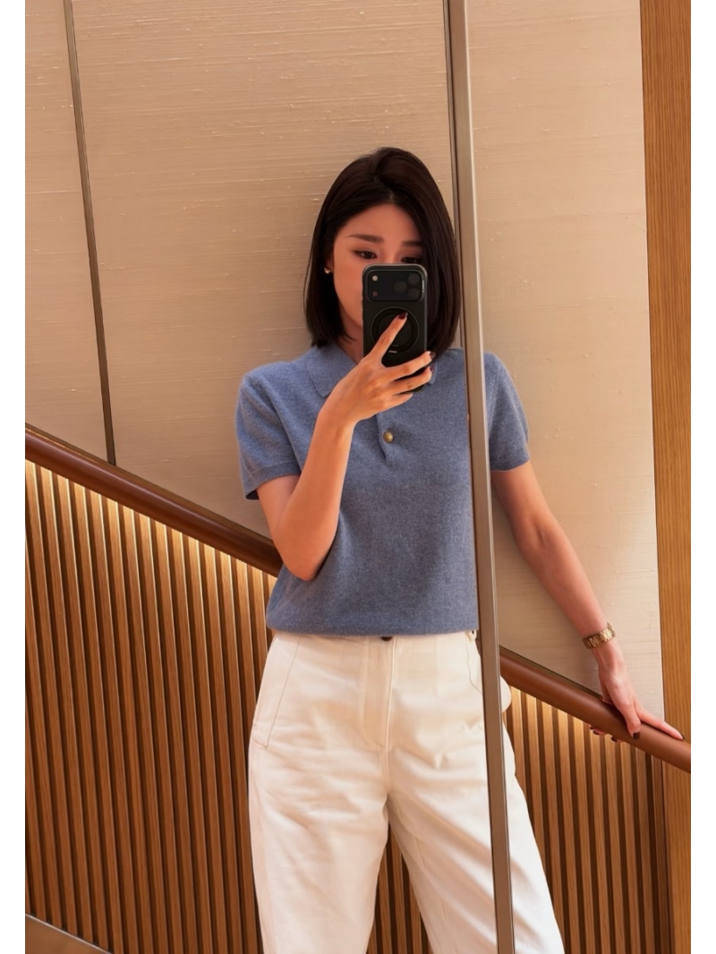 Loro Piana Short-Sleeved Knit Polo Shirt in Dusty Blue - Fine-Gauge Wool Blend, Quiet Luxury Aesthetic