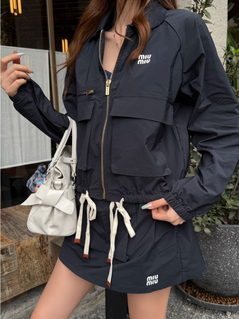 Miu Miu Memory Silk Utility Cargo Jacket and Mini Skirt Set in Navy Blue