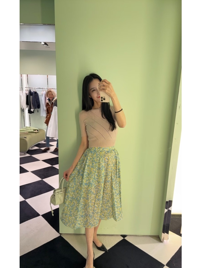 Prada Floral Pleated A-Line Midi Skirt - Sky Blue and Yellow Wildflower