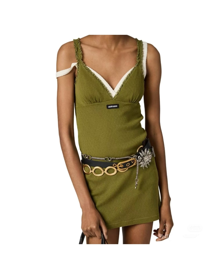 Miu Miu Ribbed Knit Lace-Trimmed Mini Dress in Olive Green