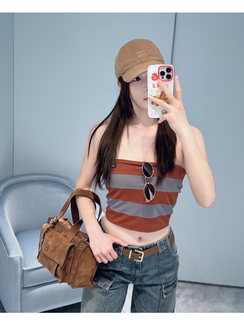 Miu Miu Striped Jersey Tube Top in Rust Orange and Slate Grey